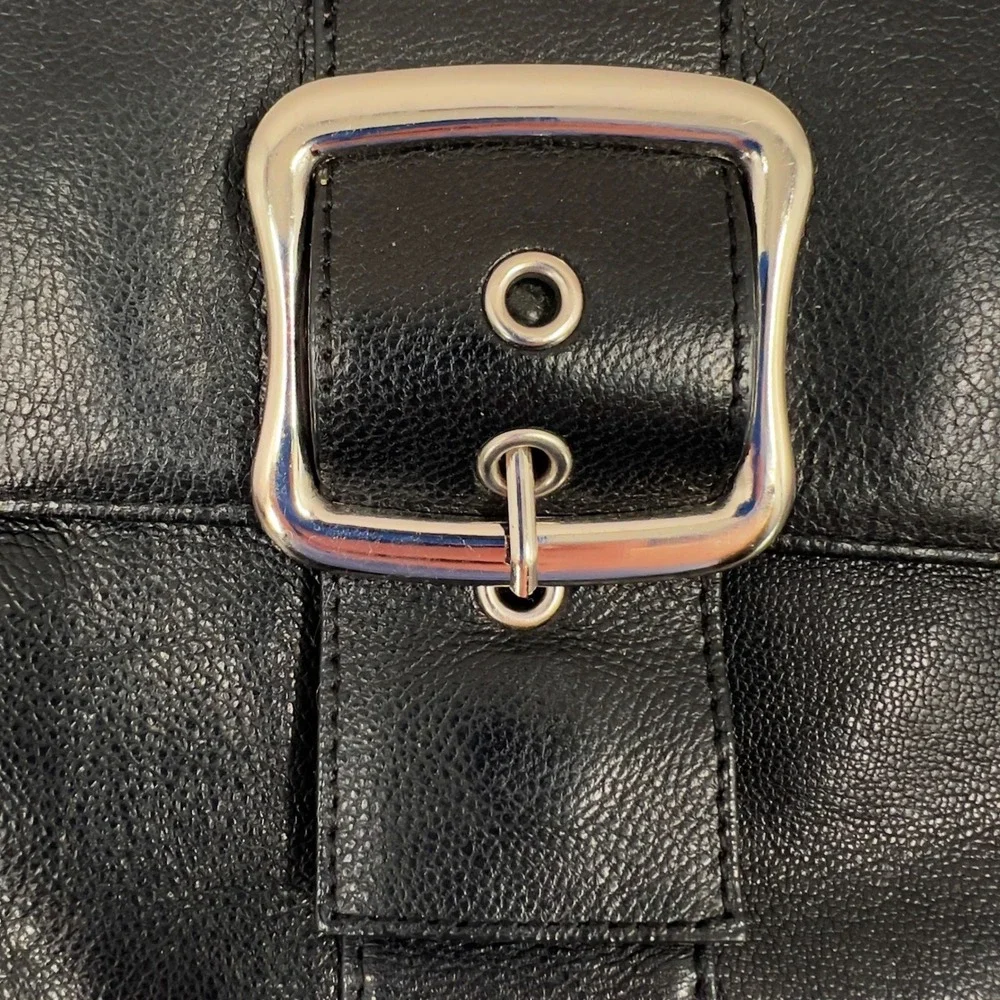 Vintage Black Leather Clutch Silver Buckle Pink Lining Y2K Moto Mod Evening Bag